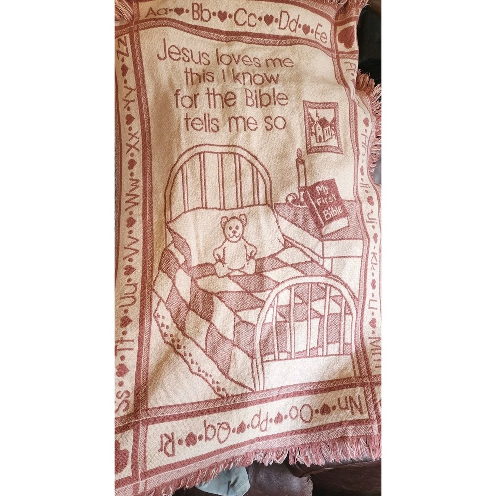 Vtg Jesus Loves Me Woven Tapestry Throw Blanket Pink Alphabet Nursery Religi Y2k